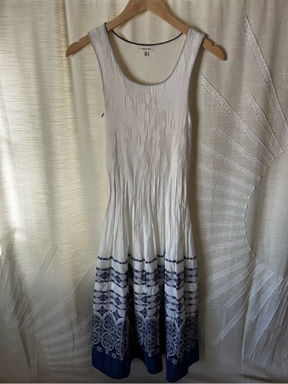 Max Studio Plisse Midi Sundress Cream with Blue Print Sz large
